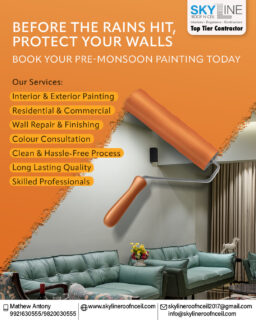 Don’t wait for the rains to expose cracks, peeling or dull walls.
Now is the perfect time to repaint, refresh, and protect your space.

At Skyline, we go beyond just painting — we deliver smooth finishes, long-lasting quality, and a clean, hassle-free experience for both interiors and exteriors.

Whether it’s your home or workspace, give your walls the upgrade they deserve before the season changes.
✅ Interior & Exterior Painting
✅ Wall Repair & Finishing
✅ Colour Consultation
✅ Skilled Professionals
✅ Clean, Hassle-Free Execution

Limited pre-monsoon slots available.

👉 Book your painting service today and get a site visit & quote.
📞 Call  Call Mr. Mathew Antony: 9921630555 / 9820030555
📩 skylineroofnceil2017@gmail.com
🌐 www.skylineroofnceil.com

Like and follow us on Instagram, Facebook, YouTube, Linkedin & Pinterest

#PreMonsoonPrep #WallPainting #InteriorPainting #ExteriorPainting #PaintingServices #MonsoonReady #ProfessionalPainters #HousePainting #PuneHomes #pune #PCMC