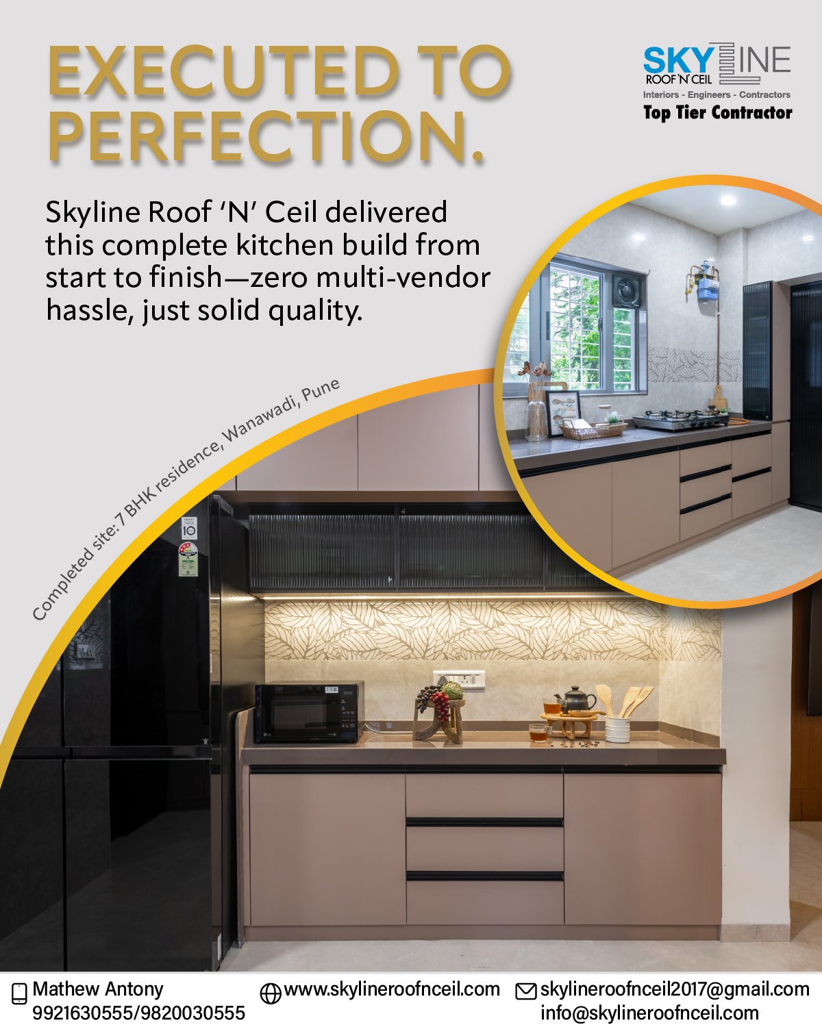 From raw civil work to a flawless final reveal—here’s a complete kitchen build for a 7 BHK residence in Wanawadi, Pune. 

Designed by Unitecture and flawlessly brought to life by Skyline Roof ’N’ Ceil, this space shows what happens when design vision meets master civil execution.

When it comes to major kitchen renovations, coordinating separate vendors for tiling, plumbing, electricals, and carpentry can quickly become a headache. We take complete ownership from end to end.

What we delivered: 
✔️️ Precision Execution: Tiling, heavy-duty countertop prep & custom cabinetry
✔️ Smart Utility Fitting: Integrated appliances with concealed lines
✔️ Premium Build: High-grade, long-lasting materials throughout
✔️ Professional On-Site Team: Courteous, skilled, and disciplined workmen
✔️ Guaranteed Timelines: Completed strictly on schedule

Zero multi-vendor hassle. Just solid quality, built to last.

Planning your kitchen renovation? Let’s build it right the first time.
📞 Contact us today: Call Mr. Mathew Antony: 9921630555 / 9820030555

📩 skylineroofnceil2017@gmail.com
🌐 www.skylineroofnceil.com

Like and follow us on Instagram, Facebook, YouTube, Linkedin & Pinterest

#KitchenRenovationPune #PuneContractors #CivilWorkPune #InteriorContractorPune #pune