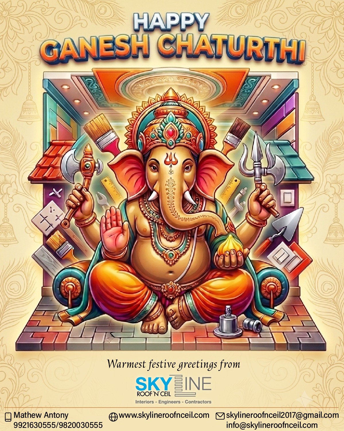 Wishing you and your family a very Happy Ganesh Chaturthi! 🌸🪷

May this auspicious season bring enduring happiness, success, and peace to your life. As we welcome Bappa home and celebrate new beginnings, it is also a time to look around our spaces and envision a fresh start. Whether you're planning a complete home makeover, stylish office interiors, or expert civil work, Skyline Roof 'N' Ceil is proud to be your trusted partner in Pune. 🏡✨

Warmest festive greetings from Skyline Roof 'N' Ceil!

📞 Talk to us for your next project, Call Mr. Mathew Antony: 9921630555 / 9820030555
📩 skylineroofnceil2017@gmail.com
🌐 www.skylineroofnceil.com

Like and follow us on Instagram, Facebook, YouTube & Linkedin

#GaneshChaturthi #GanpatiBappaMorya #PuneInteriors #CivilContractorsPune #HomeRenovation