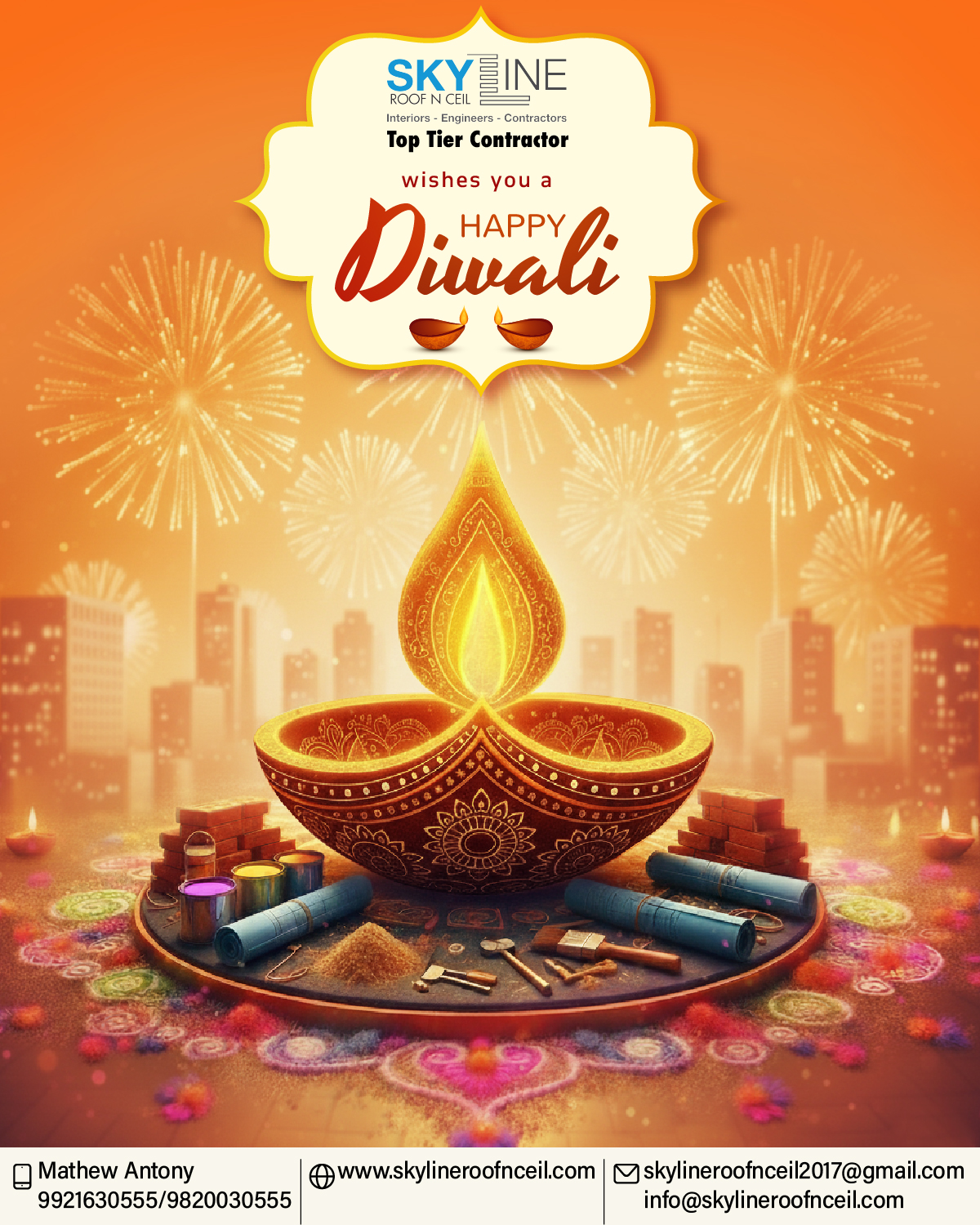 Skyline Roof ‘N’ Ceil wishes you a Bright & Joyous Diwali! ✨

May the festival of lights illuminate your life with happiness and success. Just as every sparkle adds beauty to the celebration, we take pride in adding lasting value and excellence to every project we create. 🪔🏡🌟

📞 Skyline Roof ‘N’ Ceil: 9820030555 / 9921630555 
📩 skylineroofnceil2017@gmail.com
🌐 www.skylineroofnceil.com

Like and follow us on Instagram, Facebook, YouTube, Linkedin

#pune #Punekar #IndianFestival #FestiveSeason #Celebration #HappyDiwali #Diwali2025
#FestivalOfLights