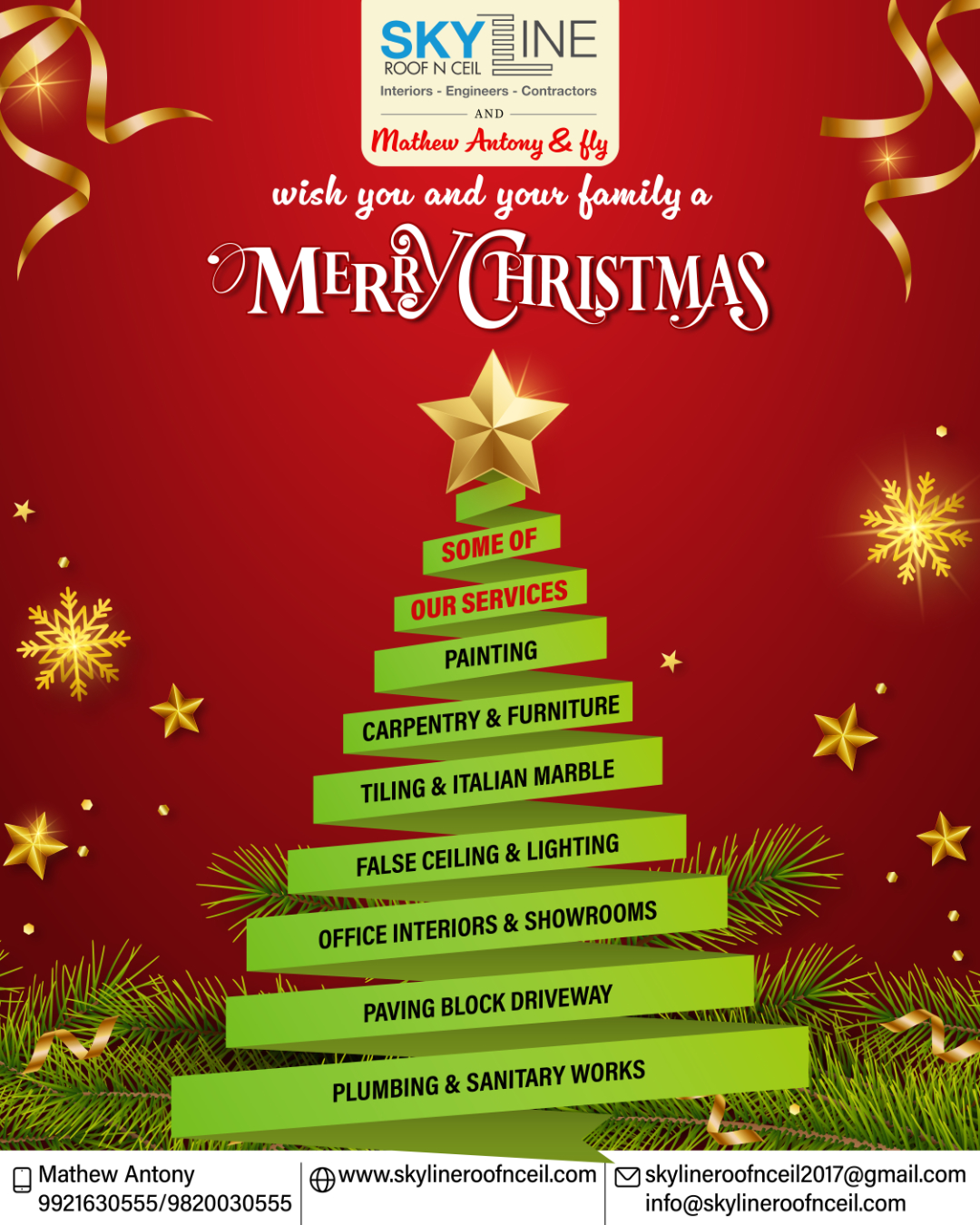 Christmas is a time for goodwill, gratitude, and togetherness.
Wishing you and your loved ones a joyful and peaceful festive season.

From Mathew Antony and the Skyline Roof ’N’ Ceil team

Connect: Skyline Roof ‘N’ Ceil:
📞 9820030555
📩 skylineroofnceil2017@gmail.com
🌐 www.skylineroofnceil.com

Like and follow us on Instagram, Facebook, YouTube, Linkedin

#punekar #pune #christmas #merrychristmas #christmasdecor #christmastime #love