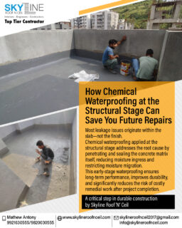 Most leakage problems don’t start at the finish—they begin within the slab itself.
At Skyline Roof ’N’ Ceil, we apply chemical waterproofing at the structural stage, allowing the system to penetrate and seal the concrete matrix before screeds and finishes are laid. This early intervention reduces permeability, restricts moisture migration, and enhances the long-term durability of the structure.

👉 Because durable construction starts with doing it right at the beginning.

Connect: Skyline Roof ‘N’ Ceil:
📞 9820030555
📩 skylineroofnceil2017@gmail.com
🌐 www.skylineroofnceil.com

Like and follow us on Instagram, Facebook, YouTube, Linkedin

#pune #QualityConstruction #WorkInProgress #TopTierContractor #PuneProjects #ConstructionUpdate #ChemicalWaterproofing #StructuralWaterproofing
