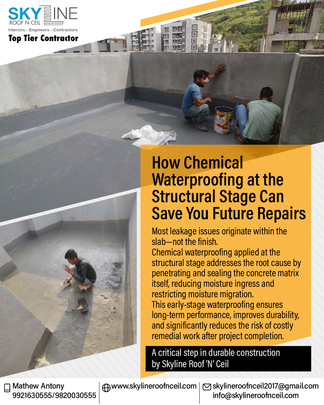 Most leakage problems don’t start at the finish—they begin within the slab itself.
At Skyline Roof ’N’ Ceil, we apply chemical waterproofing at the structural stage, allowing the system to penetrate and seal the concrete matrix before screeds and finishes are laid. This early intervention reduces permeability, restricts moisture migration, and enhances the long-term durability of the structure.

👉 Because durable construction starts with doing it right at the beginning.

Connect: Skyline Roof ‘N’ Ceil:
📞 9820030555
📩 skylineroofnceil2017@gmail.com
🌐 www.skylineroofnceil.com

Like and follow us on Instagram, Facebook, YouTube, Linkedin

#pune #QualityConstruction #WorkInProgress #TopTierContractor #PuneProjects #ConstructionUpdate #ChemicalWaterproofing #StructuralWaterproofing