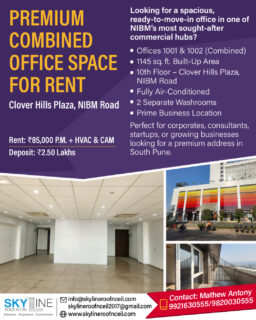 Position your business at one of NIBM Road’s most premium commercial addresses.

This combined office space (1145 sq. ft.) on the 10th floor of Clover Hills Plaza offers a spacious layout, full air-conditioning, and the convenience of two washrooms — ideal for growing teams, consultants, or established companies looking for a professional setup in South Pune.

Well-connected location. High visibility. Ready-to-move space.

💰 Rent: ₹85,000 per month + HVAC & CAM
🔐 Deposit: ₹2.50 Lakhs

📞 Connect: Mathew Antony: 9820030555
📩 skylineroofnceil2017@gmail.com
🌐 www.skylineroofnceil.com

Like and follow us on Instagram, Facebook, YouTube, Linkedin

#pune #OfficeForRentPune #OfficeForRentPune #NIBMroad #CommercialSpacePune #PuneRealEstate #CloverHillsPlaza