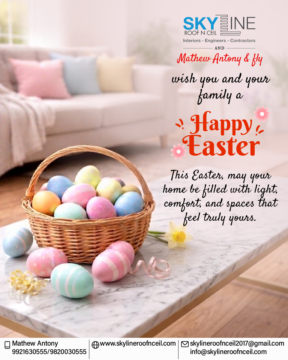 From quiet corners to shared moments,
every home tells a story of comfort and care.

Wishing you a beautiful Easter with your loved ones.

From Mathew Antony and the Skyline Roof ’N’ Ceil team

Connect: Skyline Roof ‘N’ Ceil:
📞 9820030555
📩 skylineroofnceil2017@gmail.com
🌐 www.skylineroofnceil.com

Like and follow us on Instagram, Facebook, YouTube, Linkedin

#HappyEaster #EasterWishes #EasterCelebration #FestiveVibes #punekar #pune #lovethefeedsyoufollow