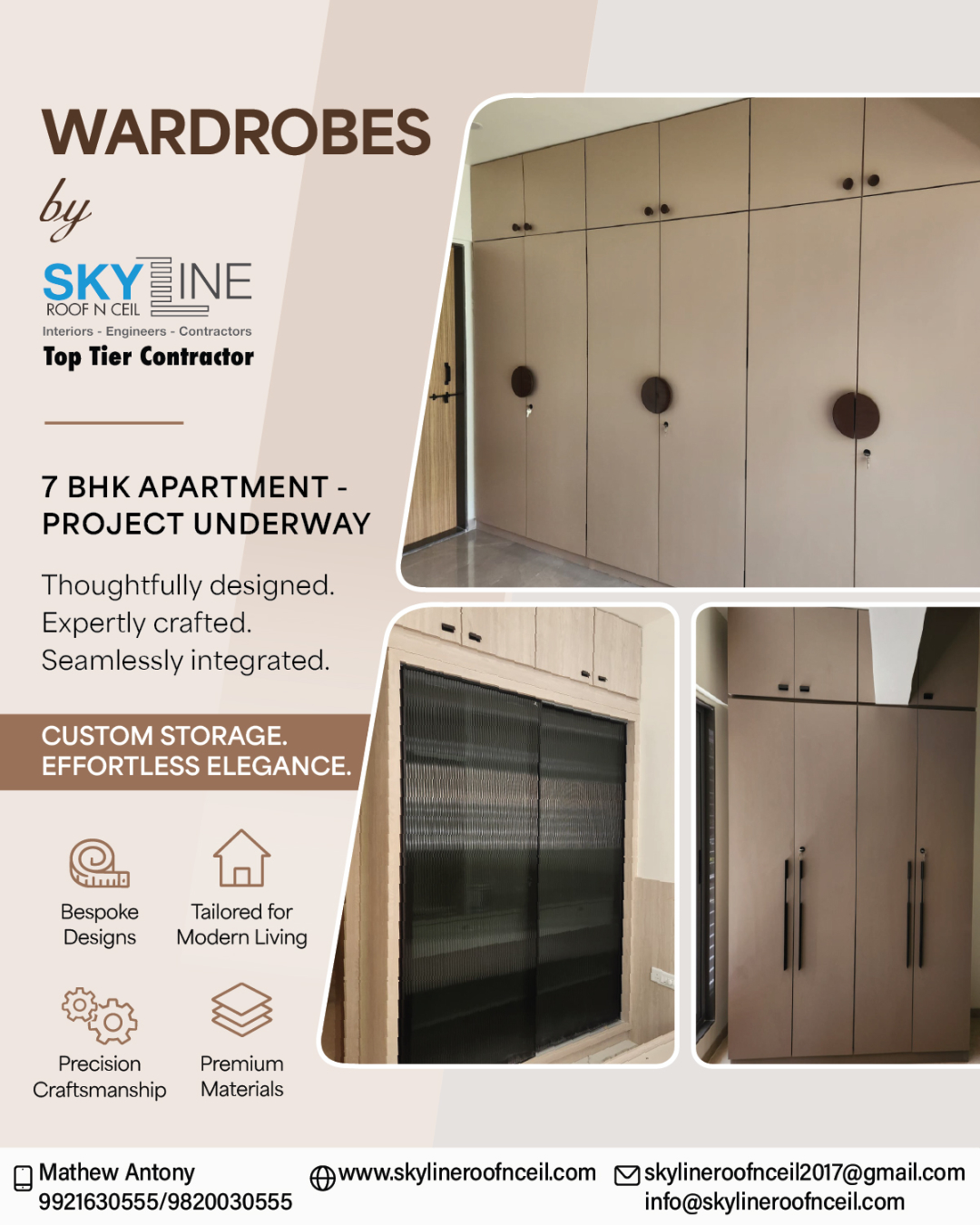 Every wardrobe tells a story of thoughtful planning, precision craftsmanship, and attention to detail.

Here's a glimpse of the bespoke wardrobes taking shape in our ongoing 7 BHK luxury apartment project. Designed to maximise space while complementing the overall interior, each wardrobe is custom-built to suit the lifestyle and aesthetic of its room.

From concept to completion, we create storage solutions that are as functional as they are elegant.

✔ Bespoke Designs
✔ Premium Materials
✔ Precision Craftsmanship
✔ Tailored for Modern Living

Planning your dream home or renovation? Let's create interiors that are designed around you.

📞 Call Mr. Mathew Antony: 9921630555 / 9820030555
📩 skylineroofnceil2017@gmail.com
🌐 www.skylineroofnceil.com

Like and follow us on Instagram, Facebook, YouTube, Linkedin & Pinterest

#pune #PCMC #CustomWardrobes #WorkInProgress #ModernWardrobes #PuneInteriors #HomeRenovation #InteriorContractor #LuxuryHomes #PuneHomes #ResidentialInteriors #ConstructionUpdate