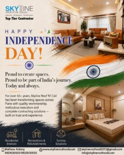 CELEBRATING THE SPIRIT OF INDIA 🇮🇳

As we look ahead, we remain committed to doing what we have done for over 42+ years — delivering quality spaces through skilled workmanship, dependable execution and complete contracting solutions.

Wishing you and your family a very Happy Independence Day!

For enquiries and project consultations, contact Mathew at 📲 9820030555
📩 skylineroofnceil2017@gmail.com
🌐 www.skylineroofnceil.com

Like and follow us on Instagram, Facebook, YouTube, Linkedin & Pinterest

#HappyIndependenceDay #IndependenceDay2026 #PuneContractors #pune #Punekar